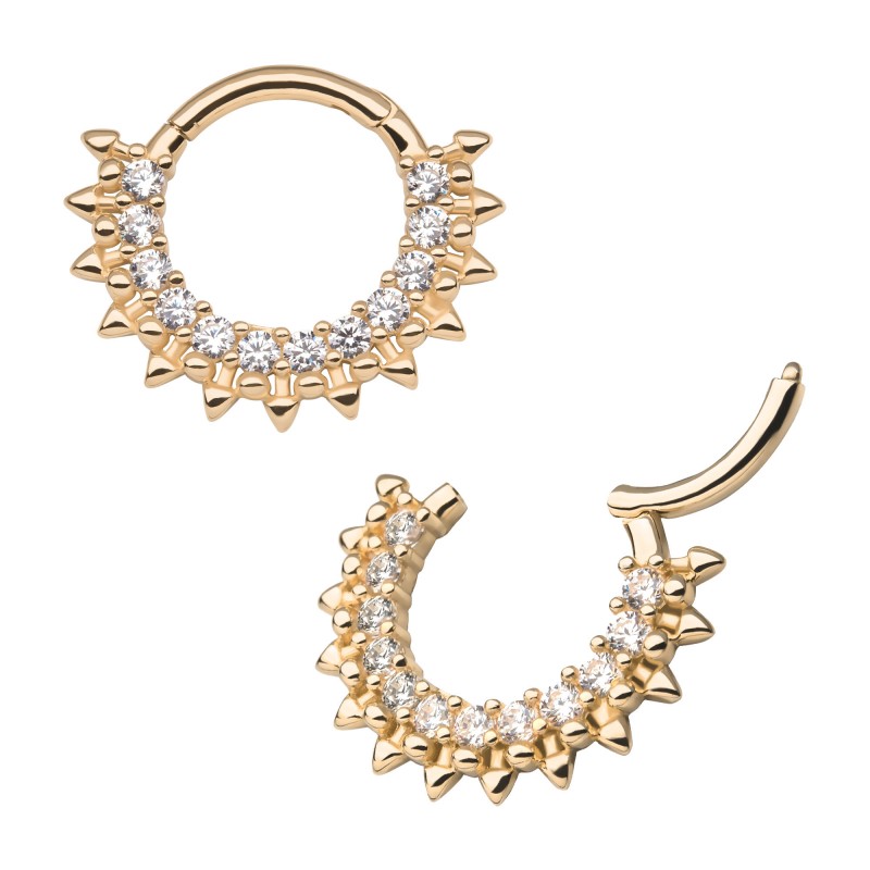 16g 8mm 14Kt Yellow Gold with 12-Cluster Prong Set Hinged Hoop
