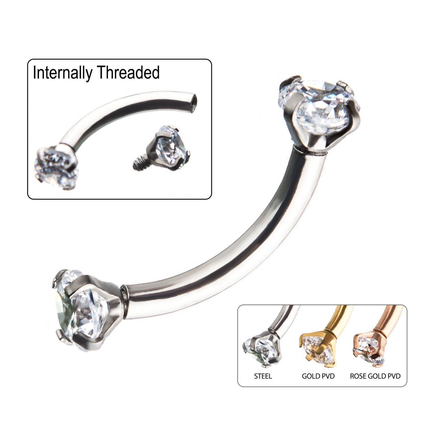 Surgical Steel Curved Barbell With Prong Set Gem