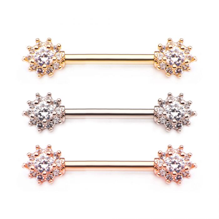 Forward Facing Round Clear CZ Flower Cluster Nipple Barbell