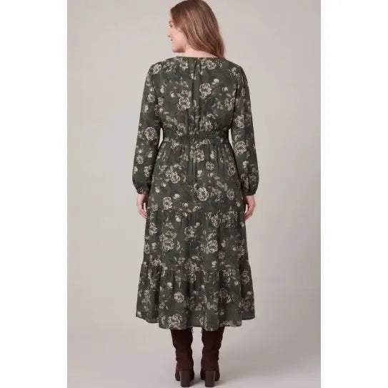 Plus Size Long Sleeve Woven Floral Print Tiered Midi Dress