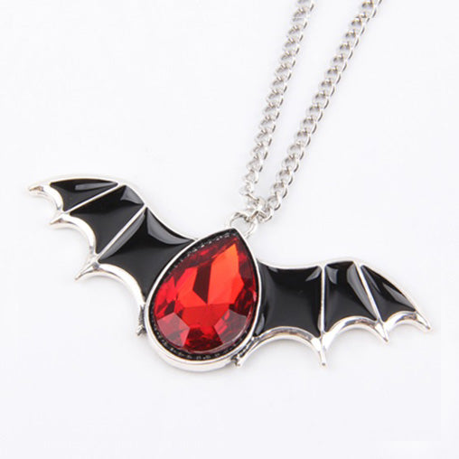 Bat Necklace With Red Teardrop Pendant