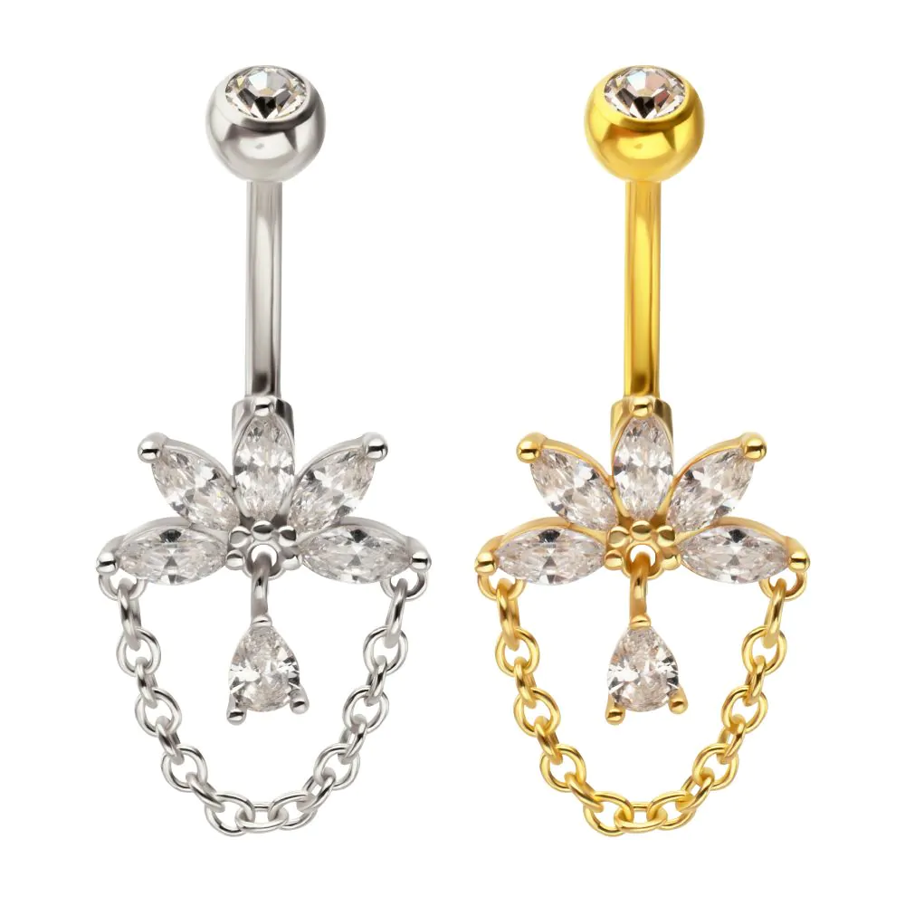 5 Marquise And Teardrop With Chain Dangle Navel