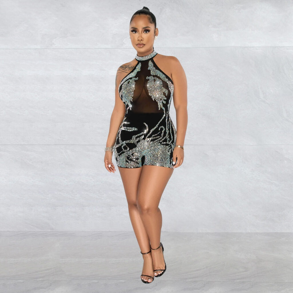 HALTER SHORTS ROMPER W RHINESTONES