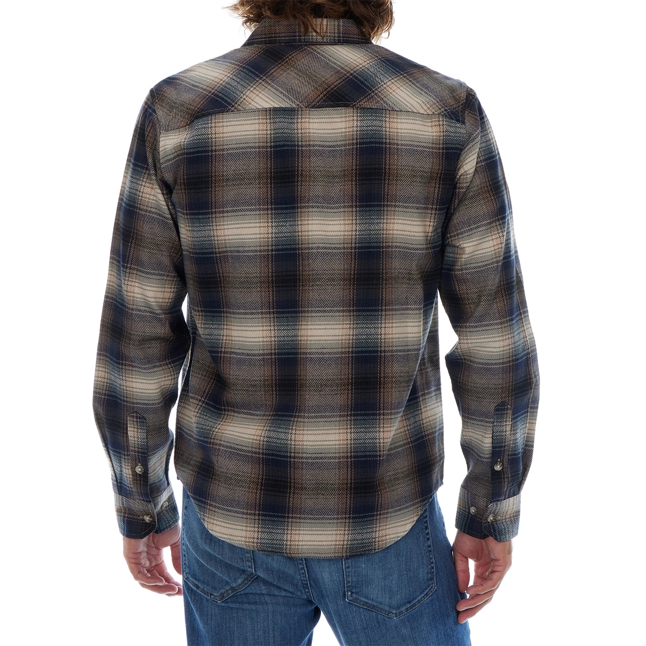 Long Sleeve Flannel Plaid Front Pockets Shirt Navy Brown