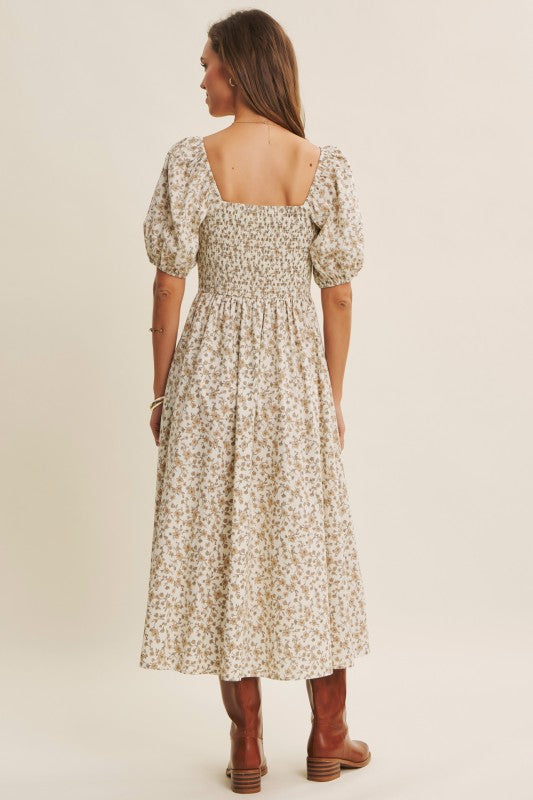 Golden Hour Floral Puff Sleeve Dress With Smocked Back