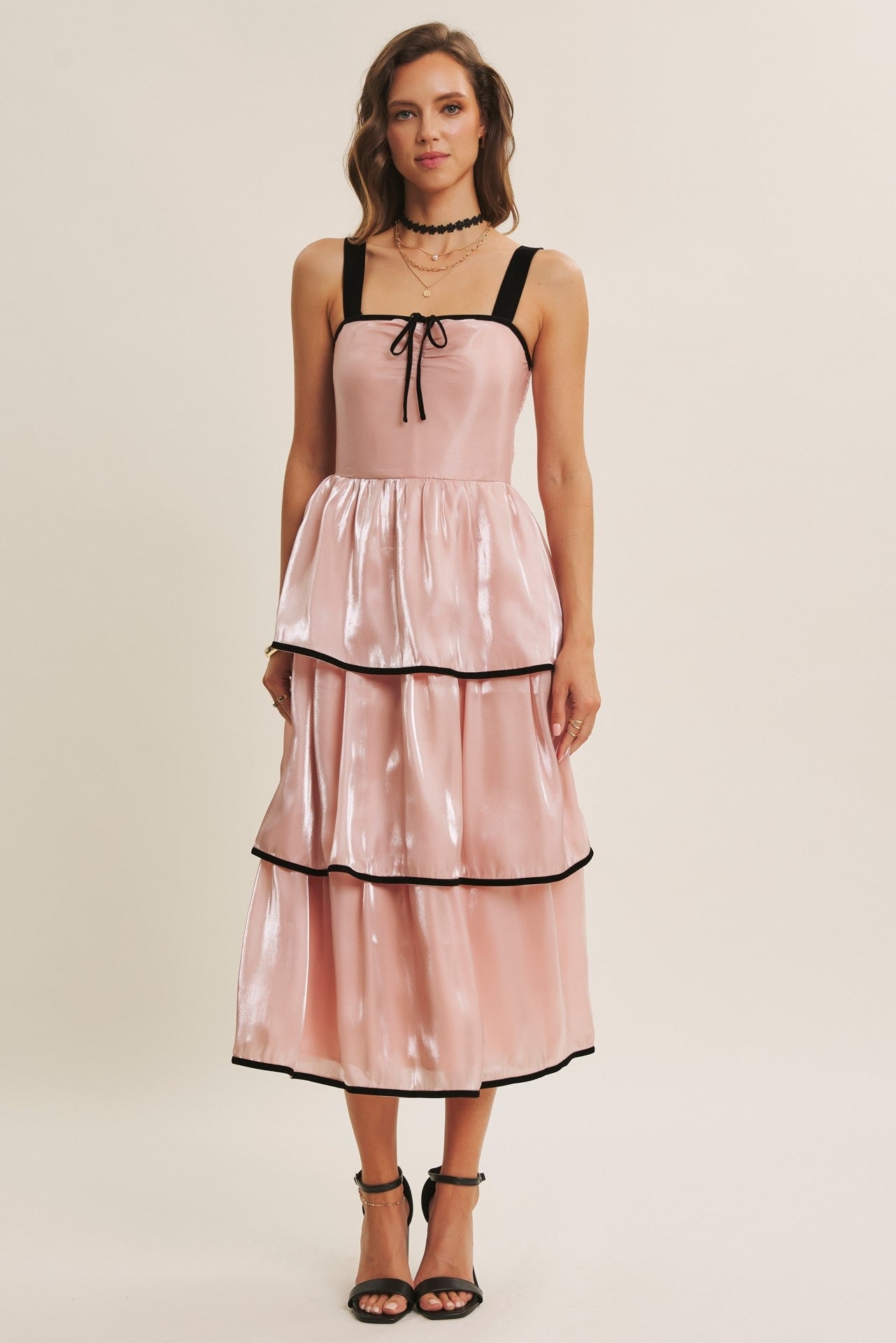 Velvet Contrast Shimmering Tiered Midi Dress