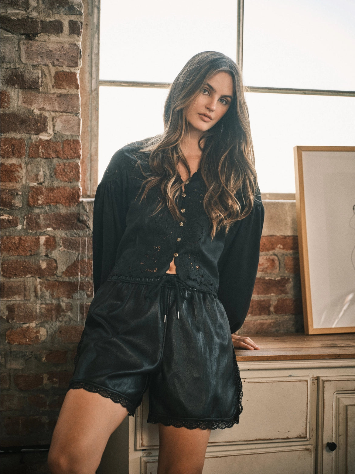 Vegan Leather Embroidered Blouse Top