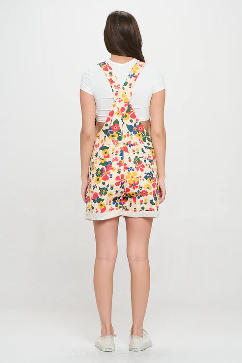 Multi Water Color Floral Print Shortalls