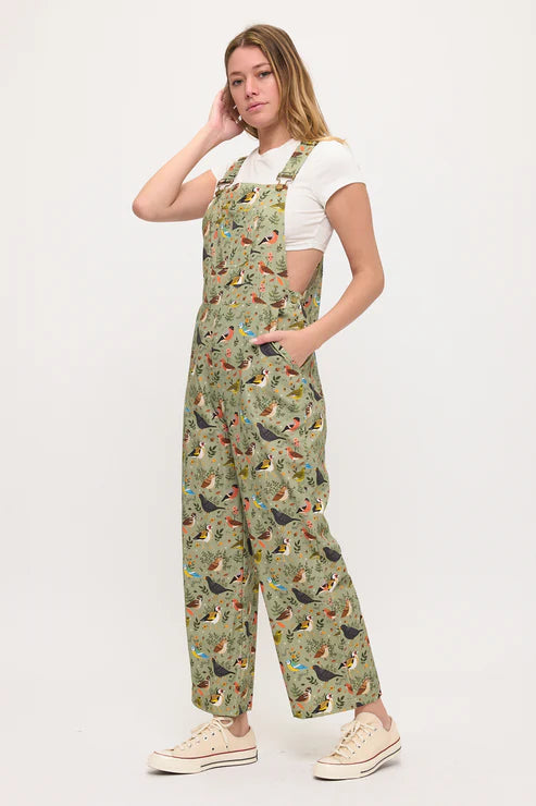 Floral Songbirds Print Overalls