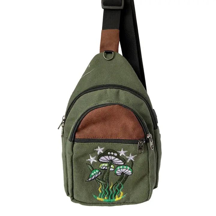 A stylish green and brown crossbody bag featuring a unique mushroom design