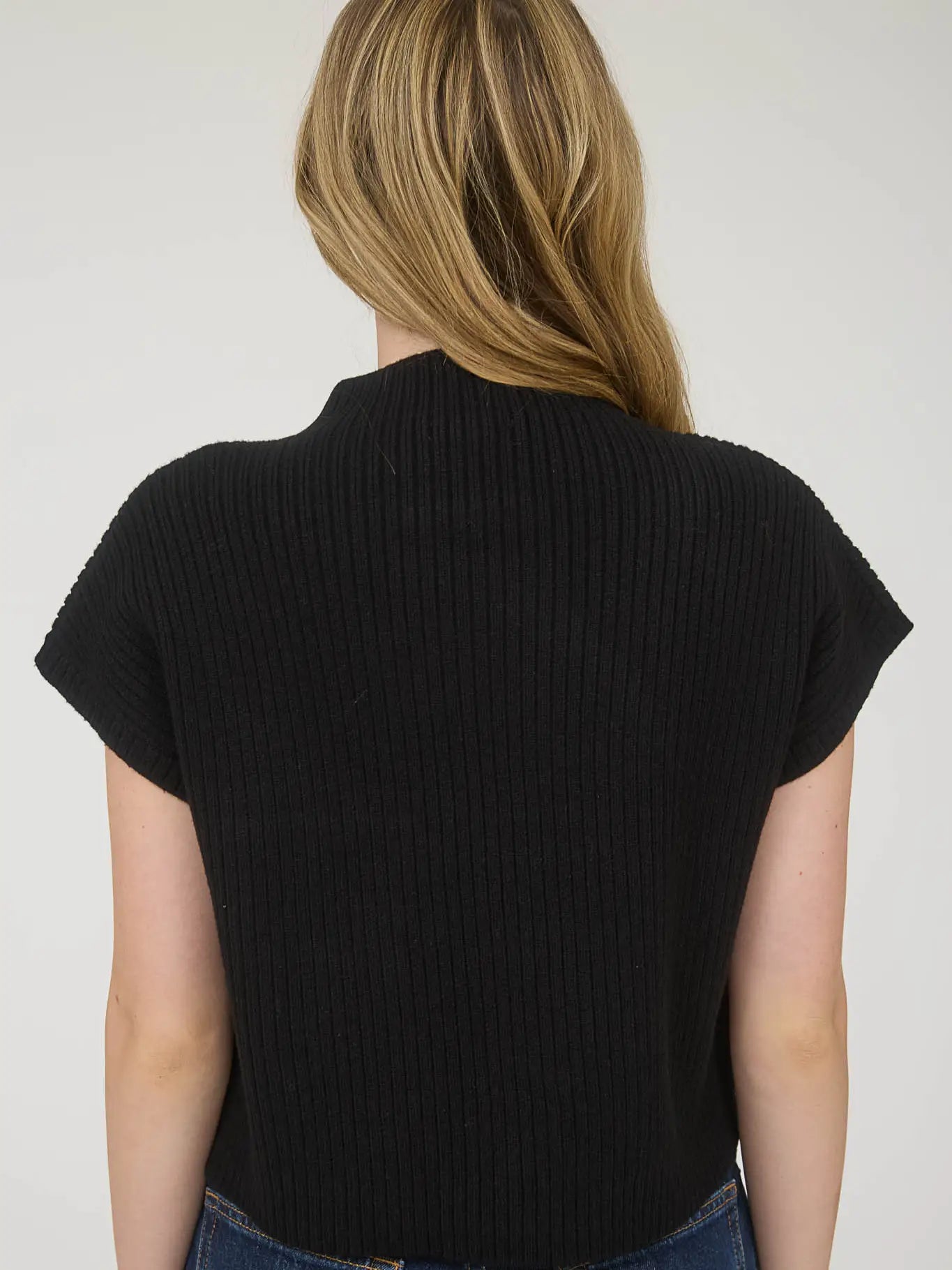 Black Mock Neck Pocket Detail Short Sleeve Knit Sweater