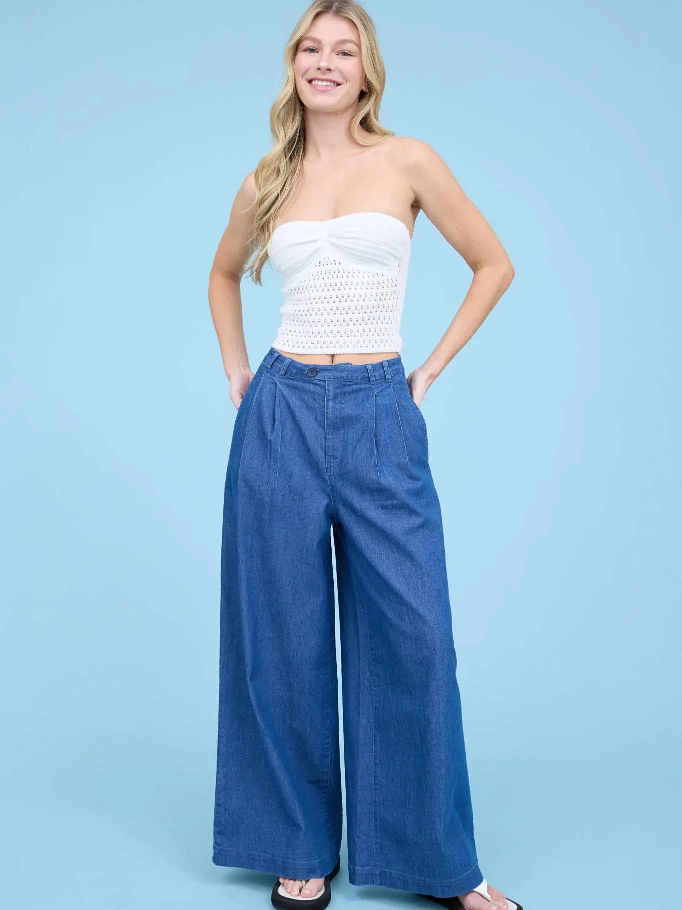 Pleated Wide Leg Chambray Pants