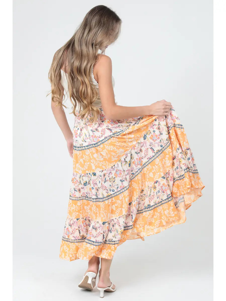 Smocked Waist Tiered A Line Printed Maxi Skirt