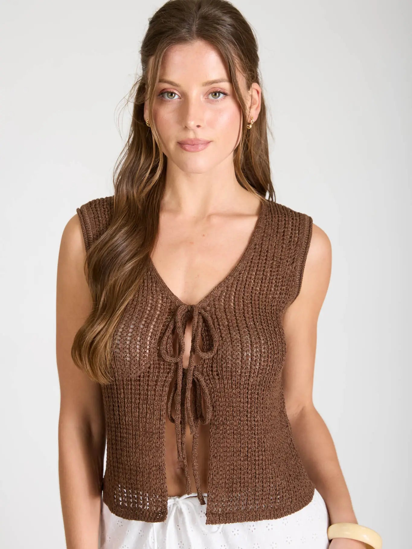Sheer Crochet Knit Front Tie Sleeveless Knit Vest