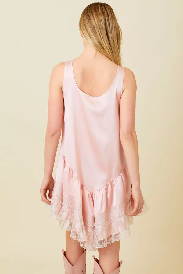Satin Rufle Mini Dress With Lace Detail
