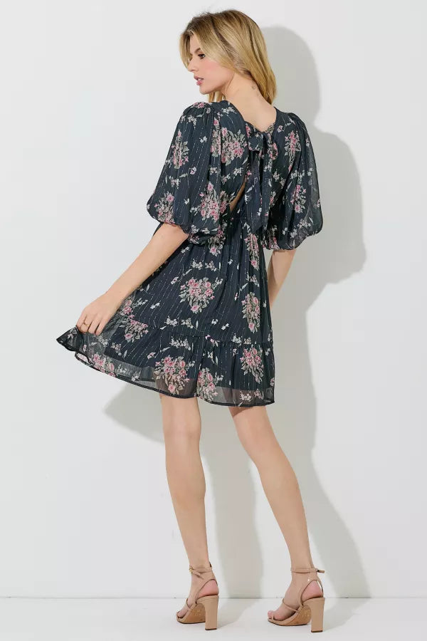 Black Floral Print Deep V-Neck Mini Dress