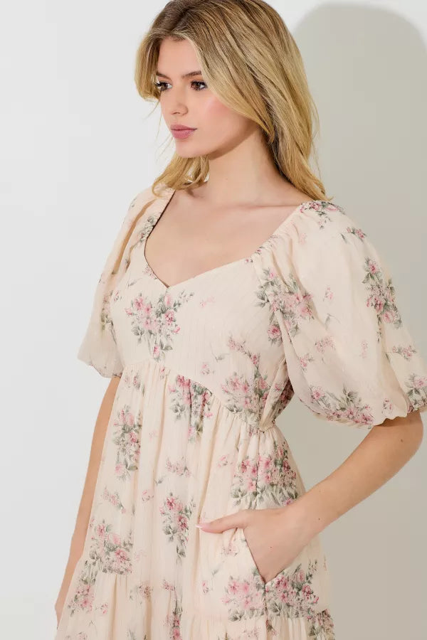 Cream Floral Lurex Print Maxi Dress