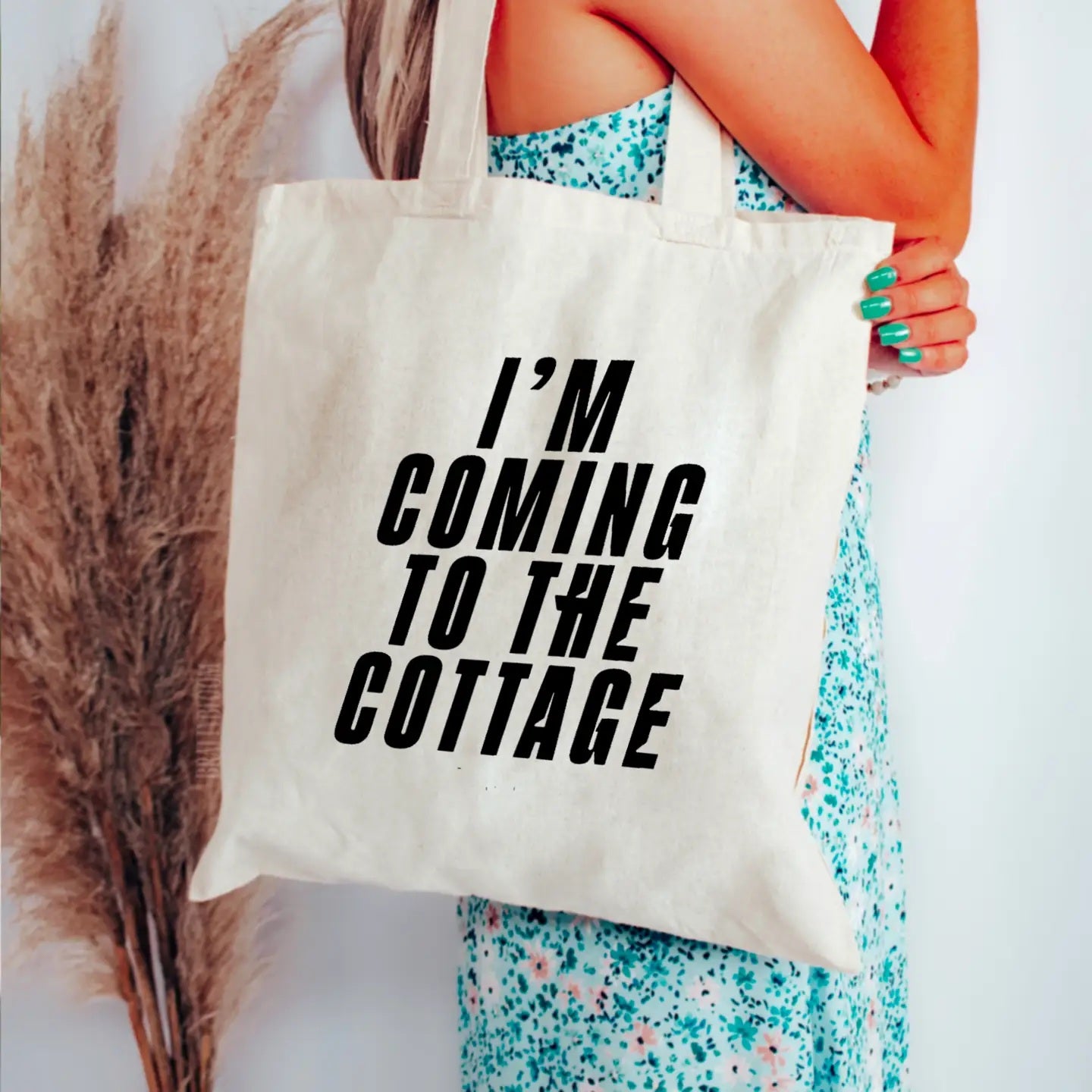 Im coming To The Cottage Beige Tote Bag