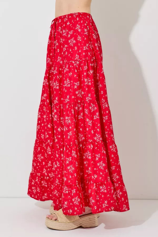 Red Multi Floral Print Maxi Skirt