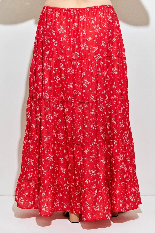 Red Multi Floral Print Skirt Plus Size