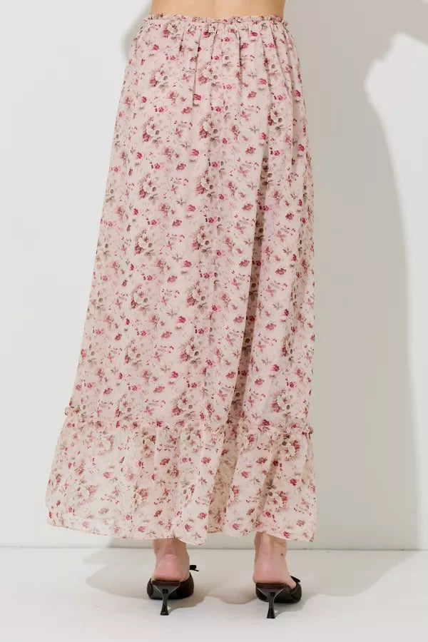 Blush Floral Print Waist Tie Maxi Skirt