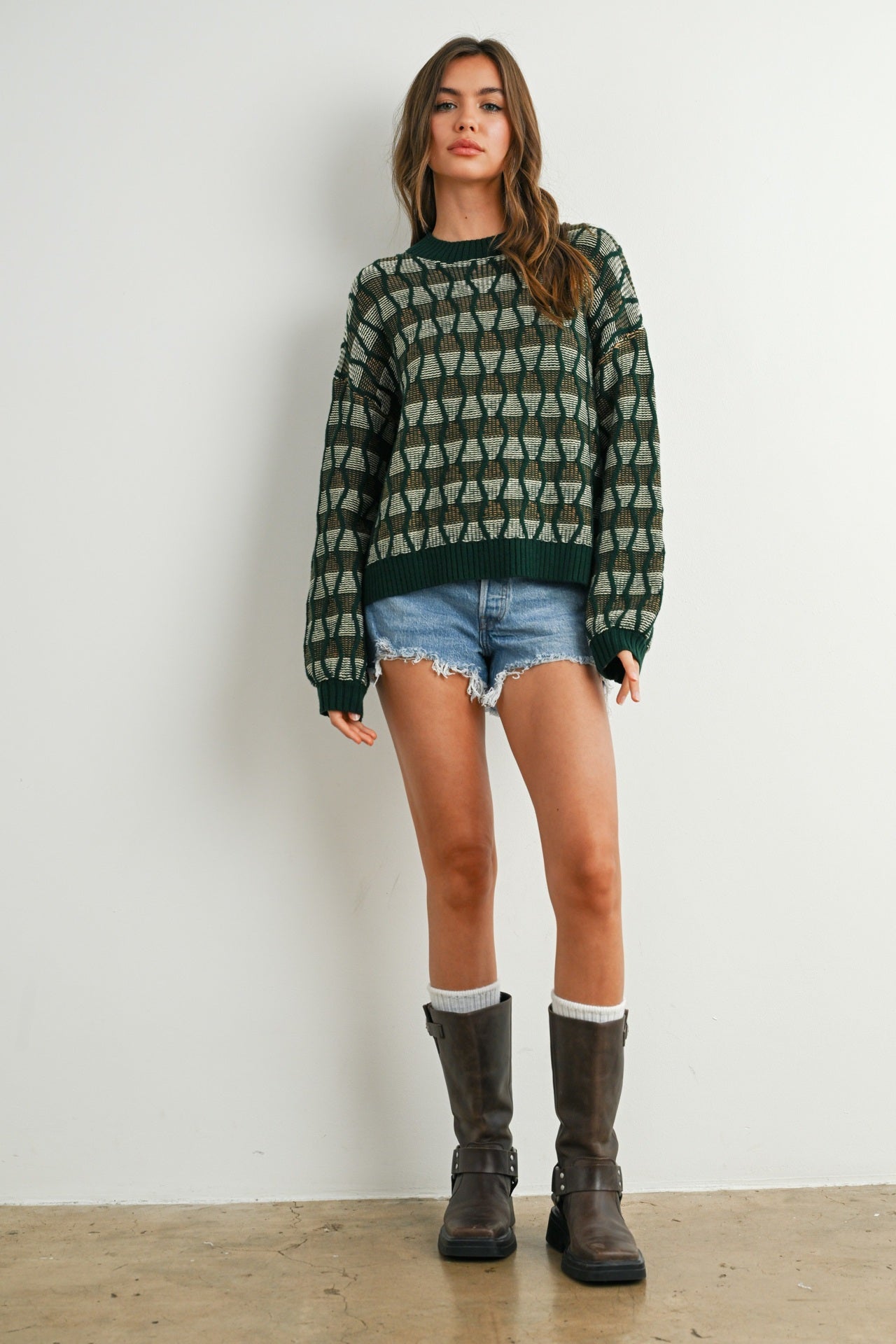 GEOMETRIC CREW NECK LS SWEATER