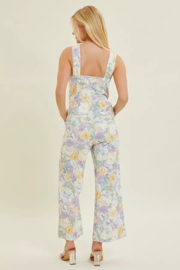 Belted Floral Denim Jumpsuit