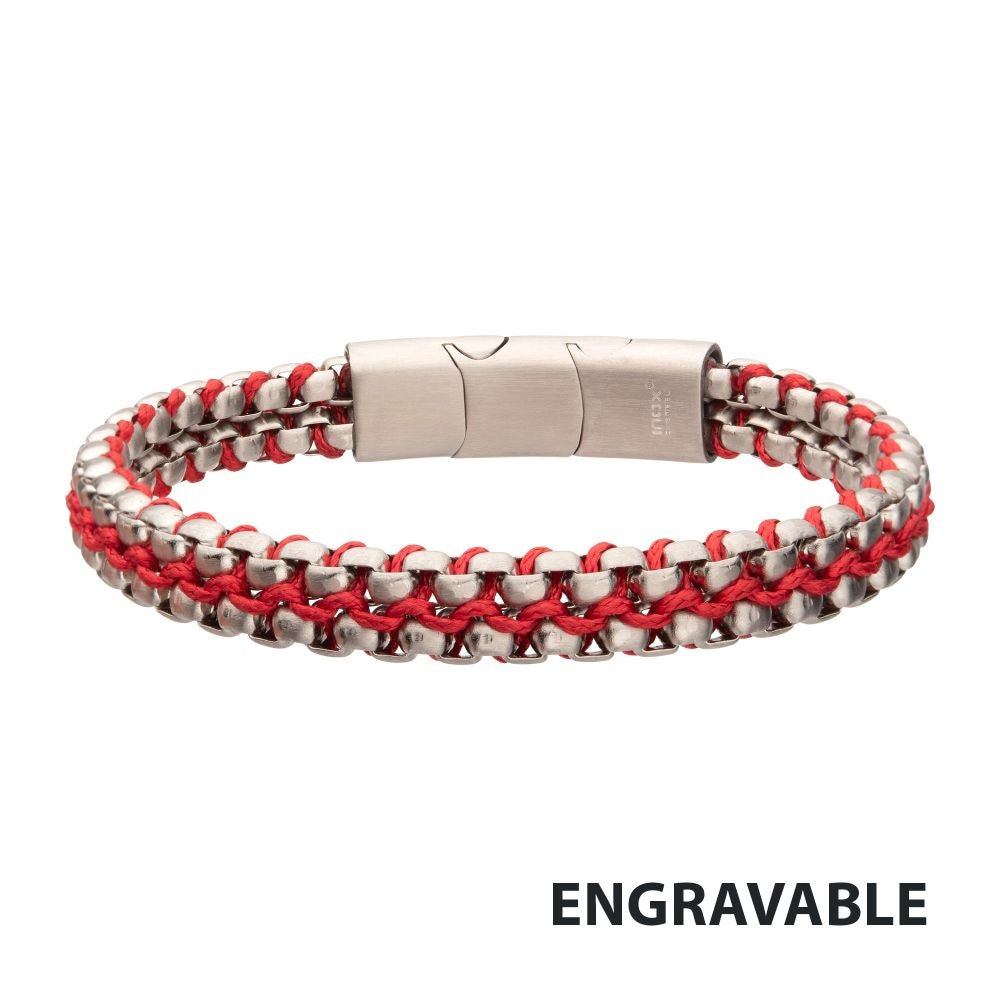 Matte Stainless Steel Box Chain & Red Wax Cord Bracelet