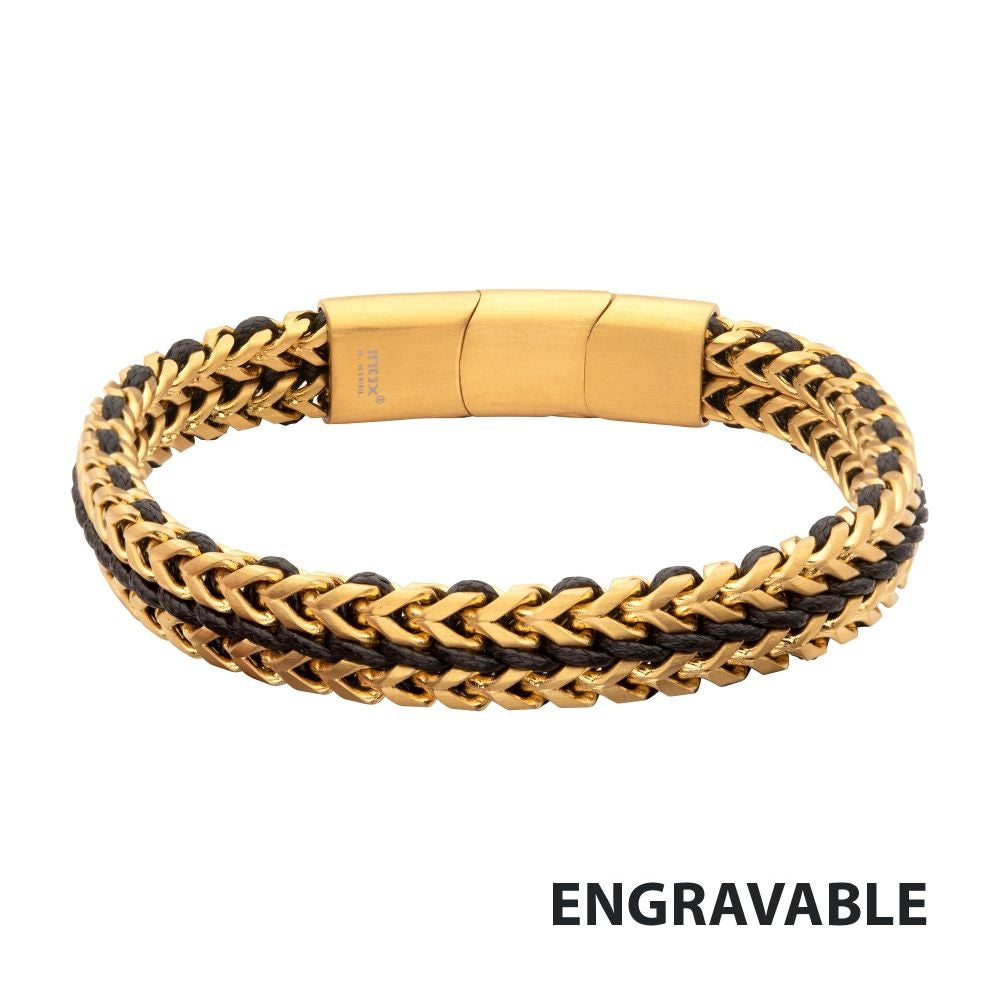 Matte Gold IP Stainless Steel Foxtail Chain & Black Wax Cord Bracelet