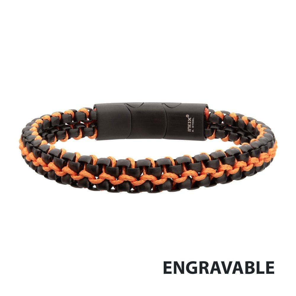 Matte Black IP Stainless Steel Box Chain & Orange Wax Cord Bracelet