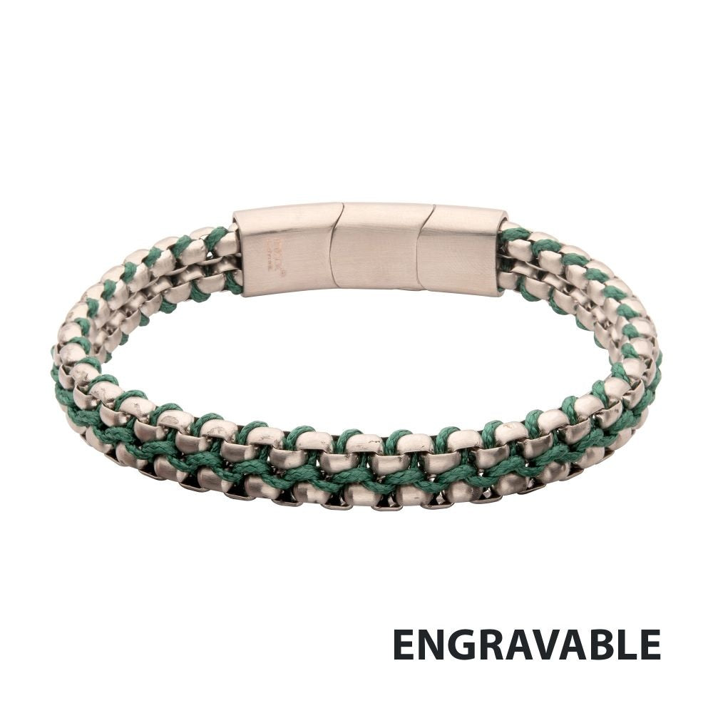 Matte Stainless Steel Box Chain & Green Wax Cord Bracelet