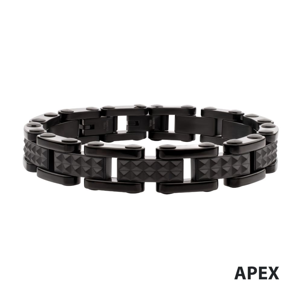 Black IP Steel Matte Finish Pyramid Stud Pattern Link Bracelet 8.25" - 8.75"