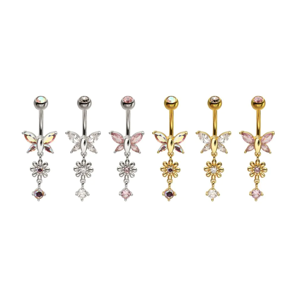Butterfly With Flower and Round Gem Dangle Navel