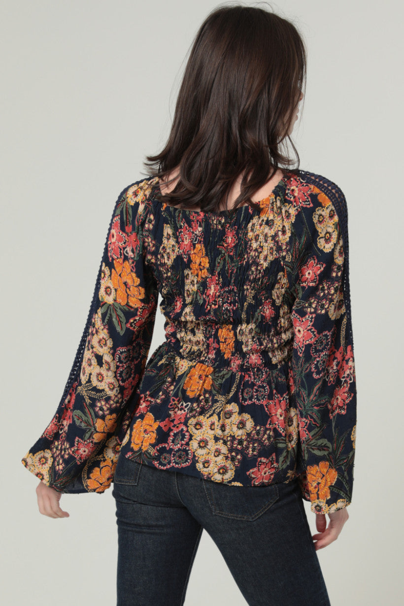 Navy Multi V Neck Blouse With Long Sleeves