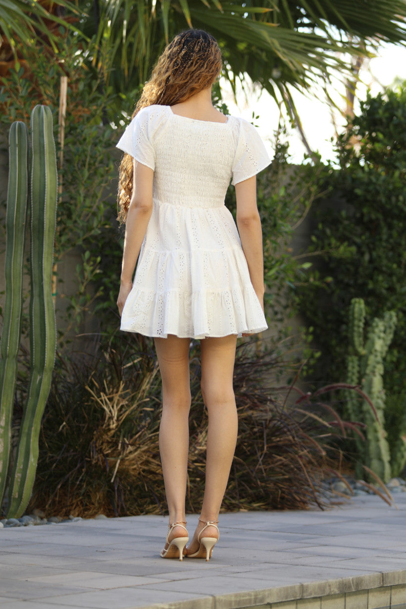 Ivory Short Slv Floral Smocked Bodice Dress