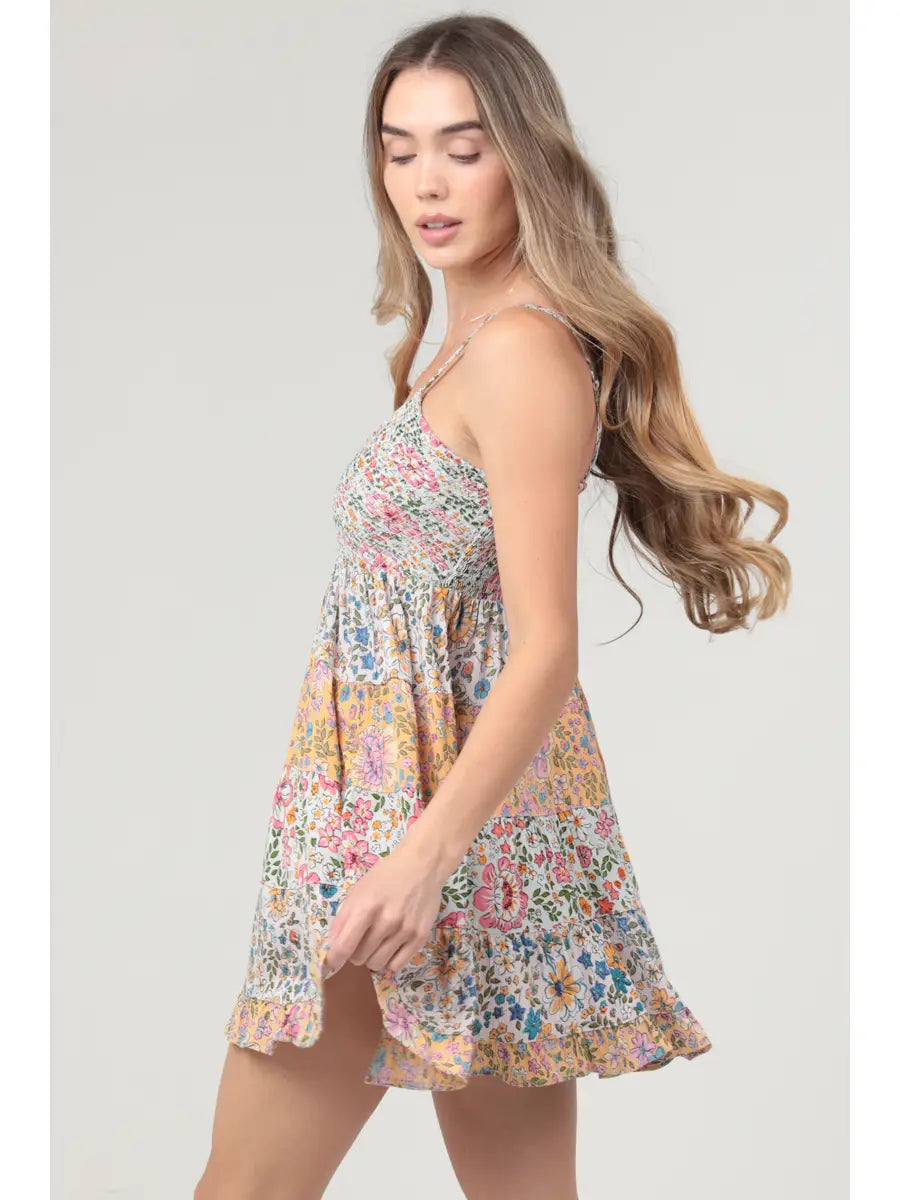Smocked Bust V Neck Mixed Print Sundress