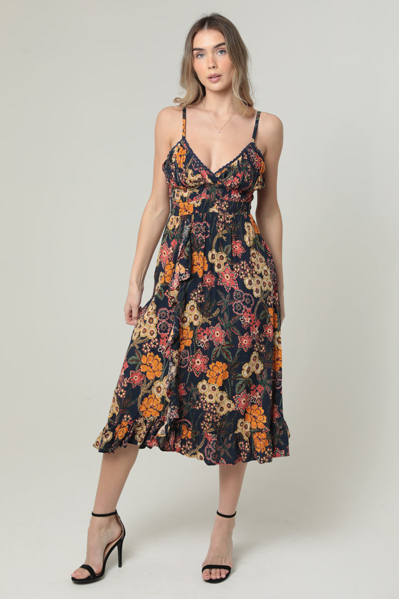 Navy Spaghetti Strap Dress With Ruffle Detailing And Hem