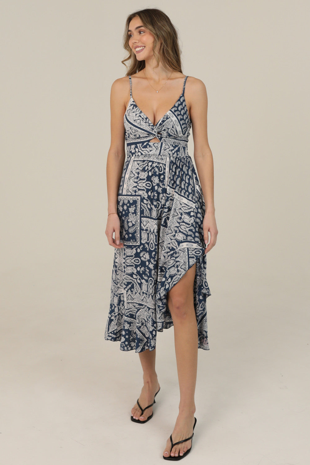 Twist Front Ruffle Hem With Slit Midi Dress