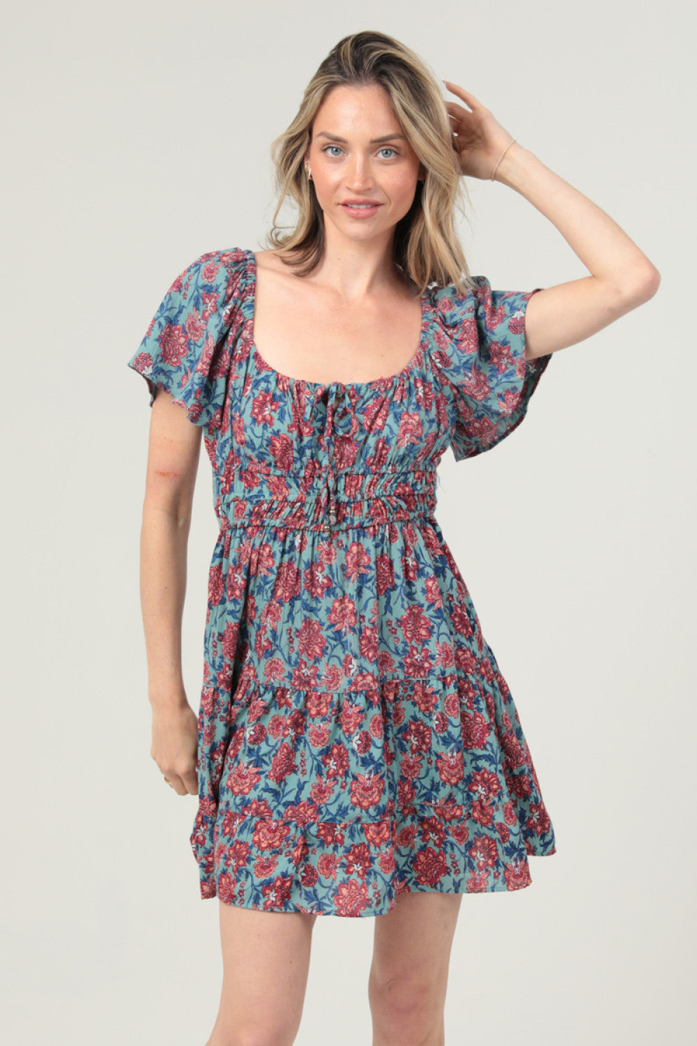 Aqua Square Neck SS Dress With Faux Tie At Neck