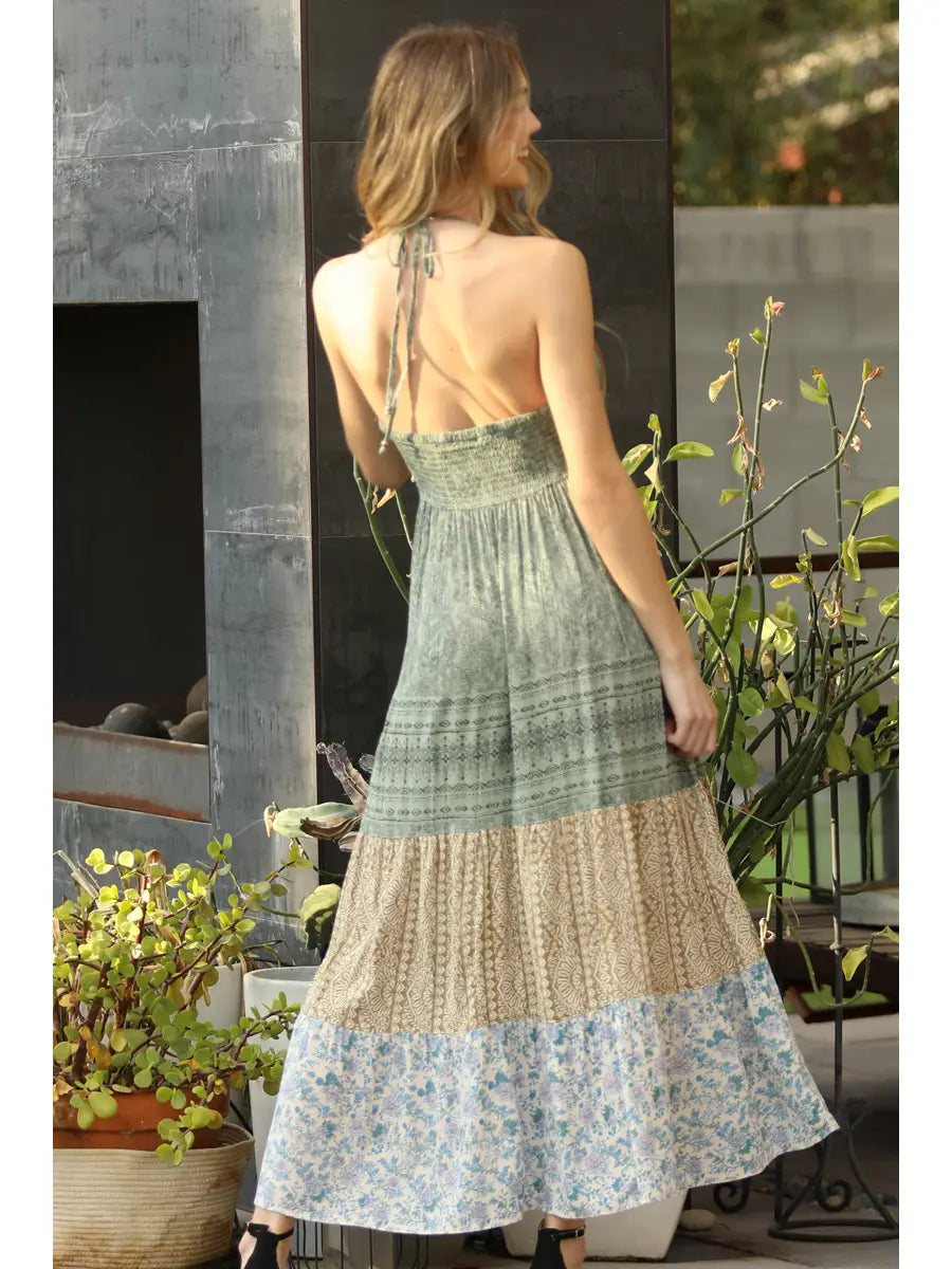 V Neck Printed Halter Neck Maxi Dress