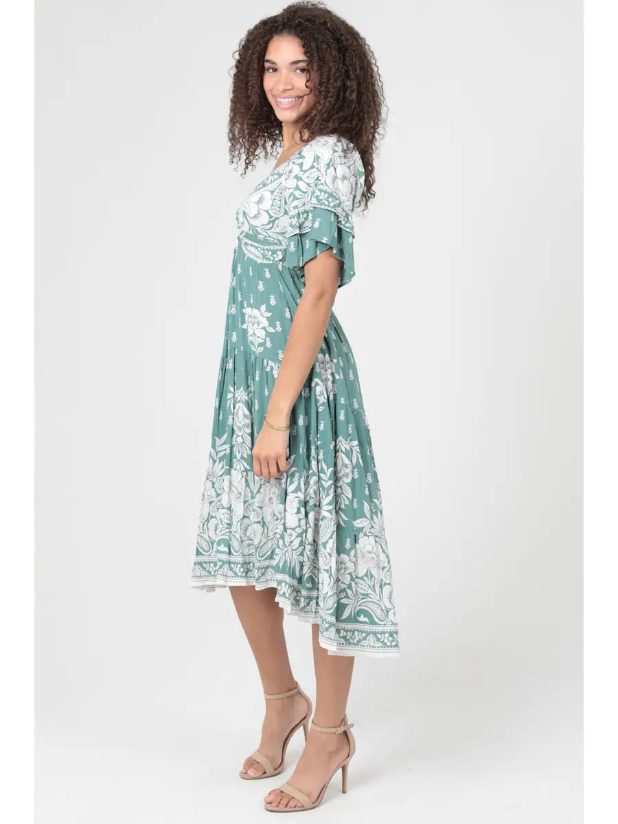 Twist Front Ruffle Sleeves Midi Dress