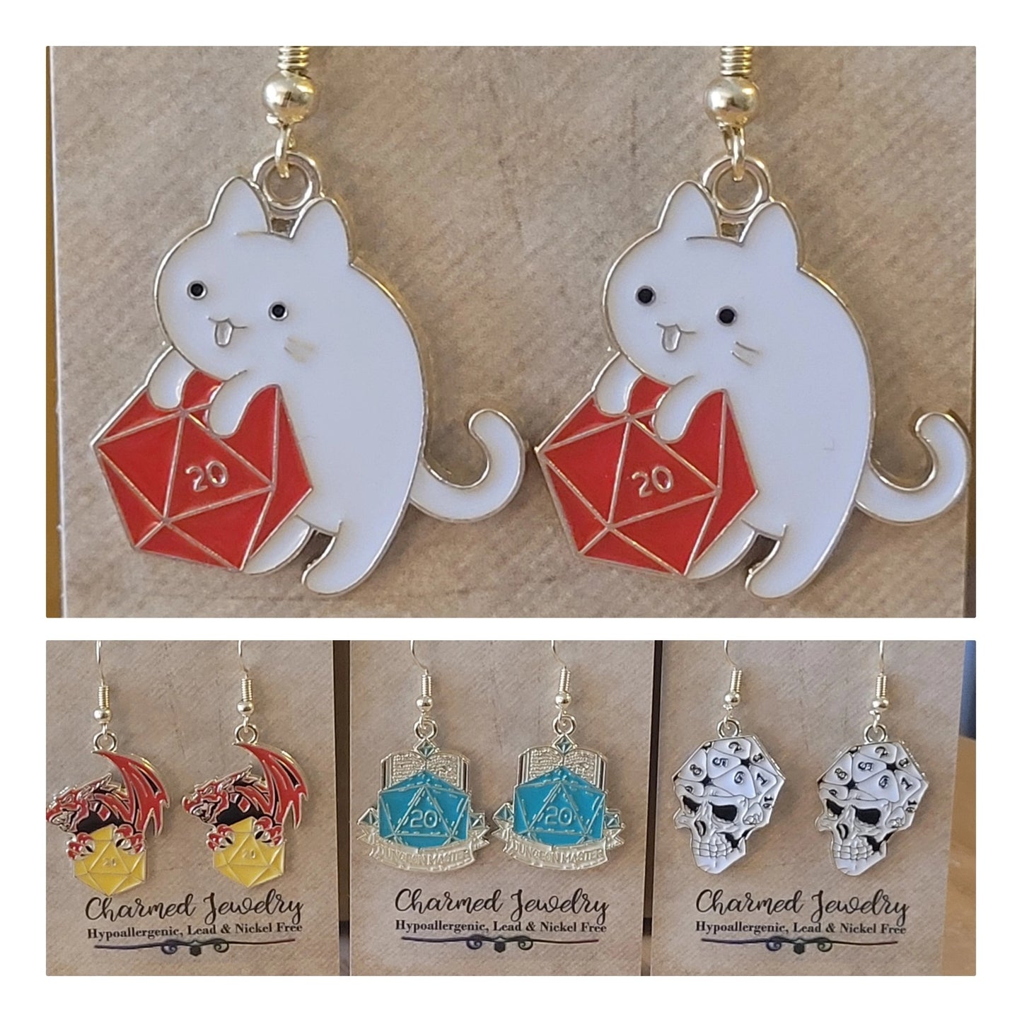 White Cat On D&D Dice Earrings