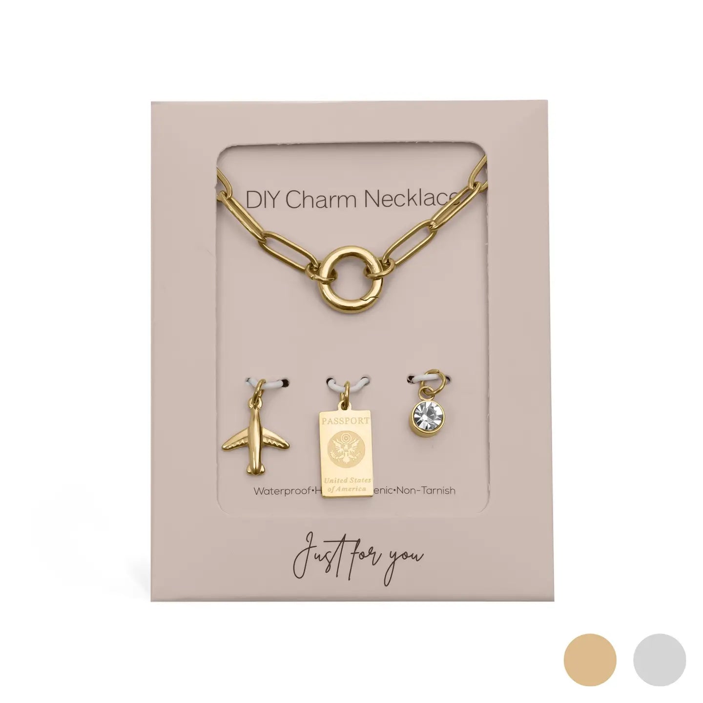 Gold Stainless Steel Travel Charm Holder Necklace Gift Set