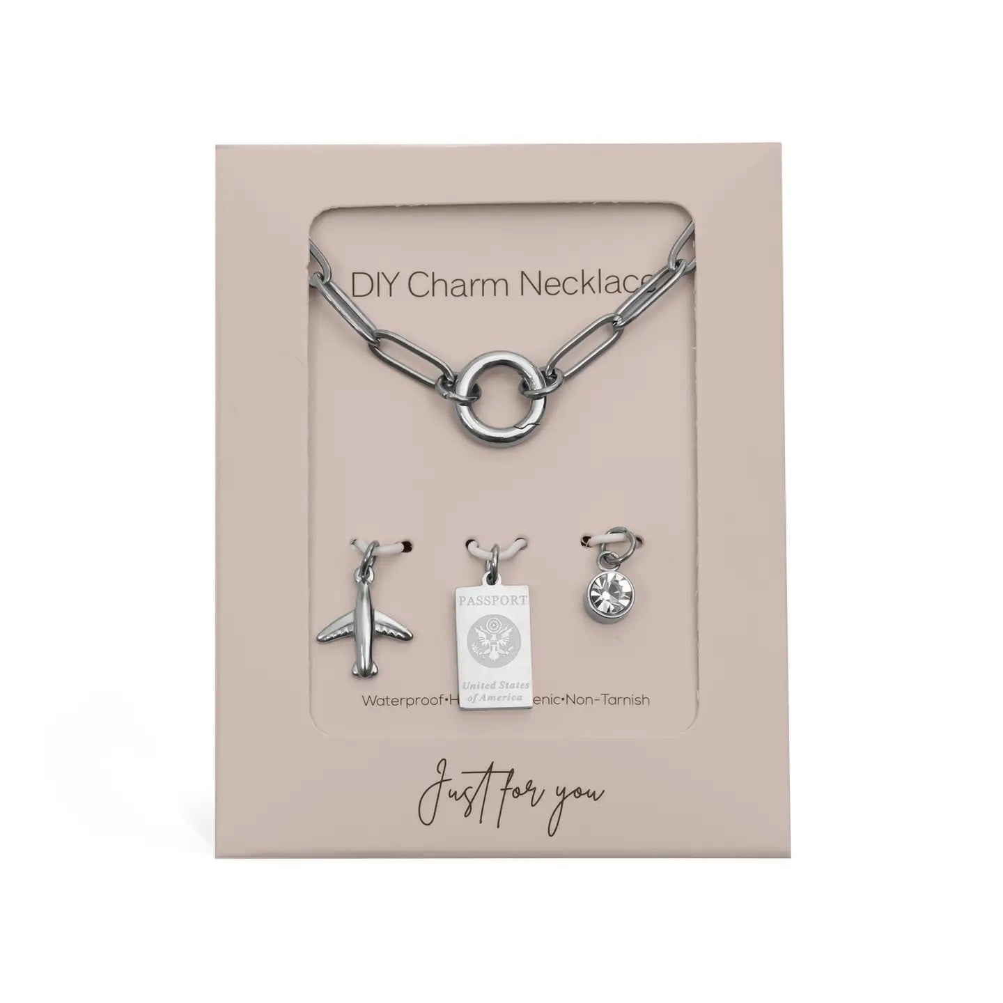 Gold Stainless Steel Travel Charm Holder Necklace Gift Set