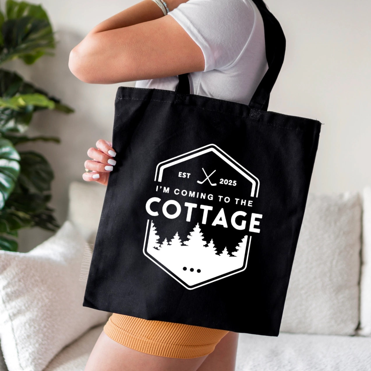 Black Cottage Trees Tote Bag
