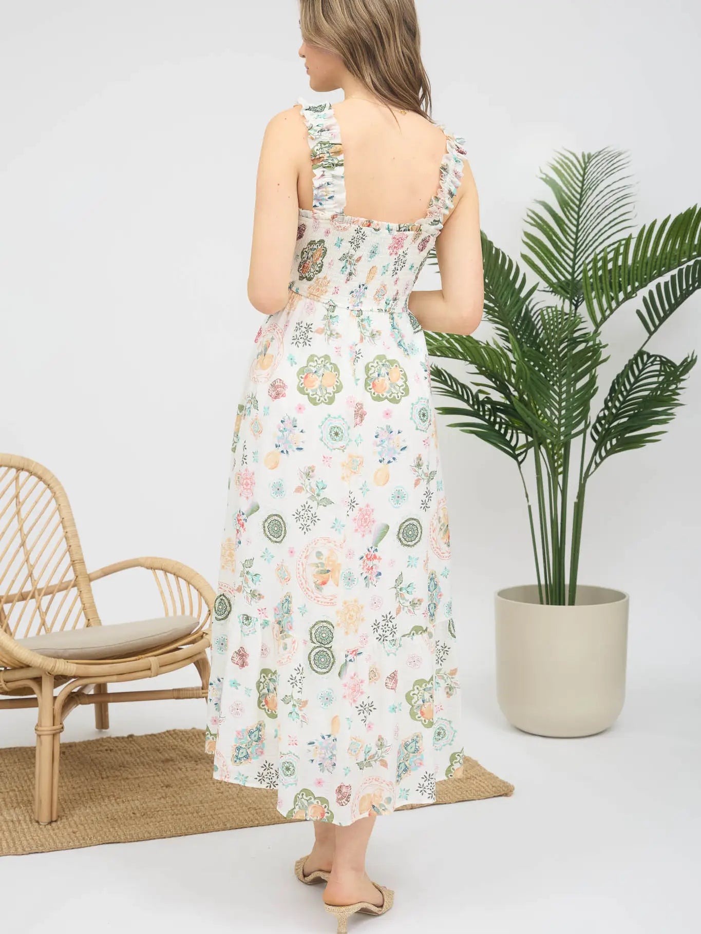 Fruit Print Smocked Sleeveless Midi Dress