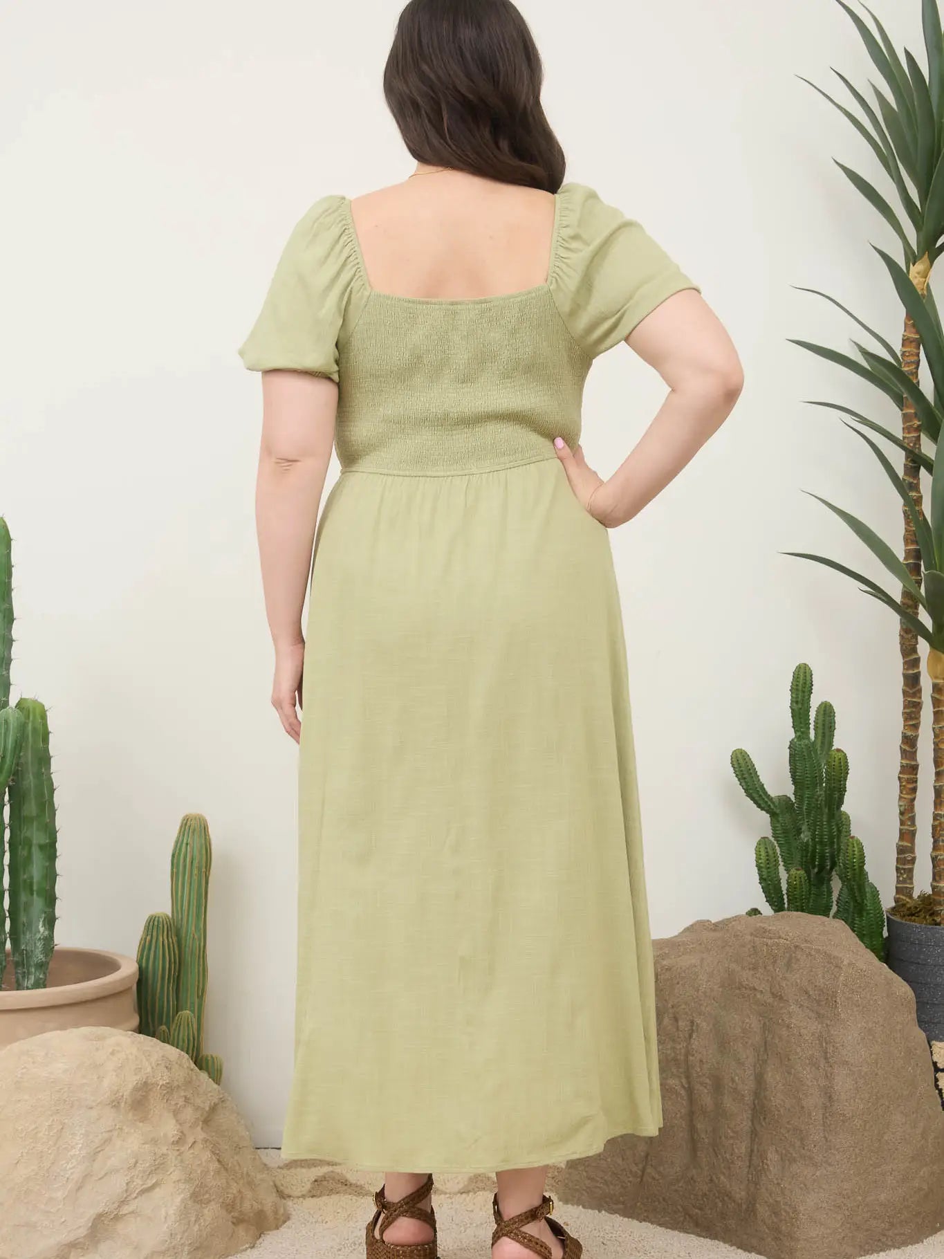 Light Olive Smocked Front Tie Button Down Midi Sundress