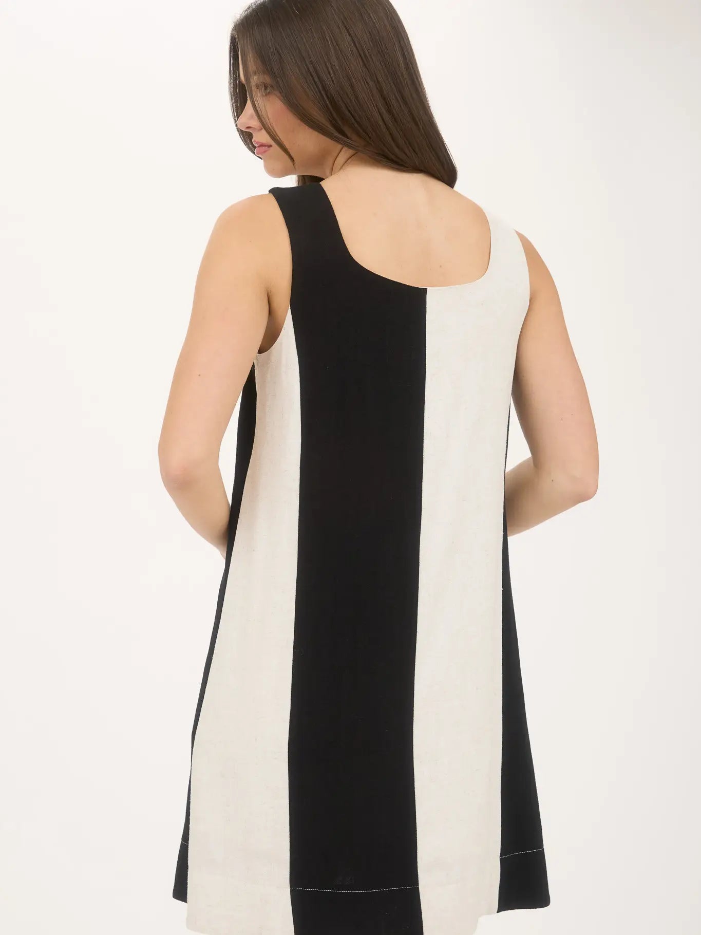 Black And White Wide Stripe Sleeveless Linen Mini Dress