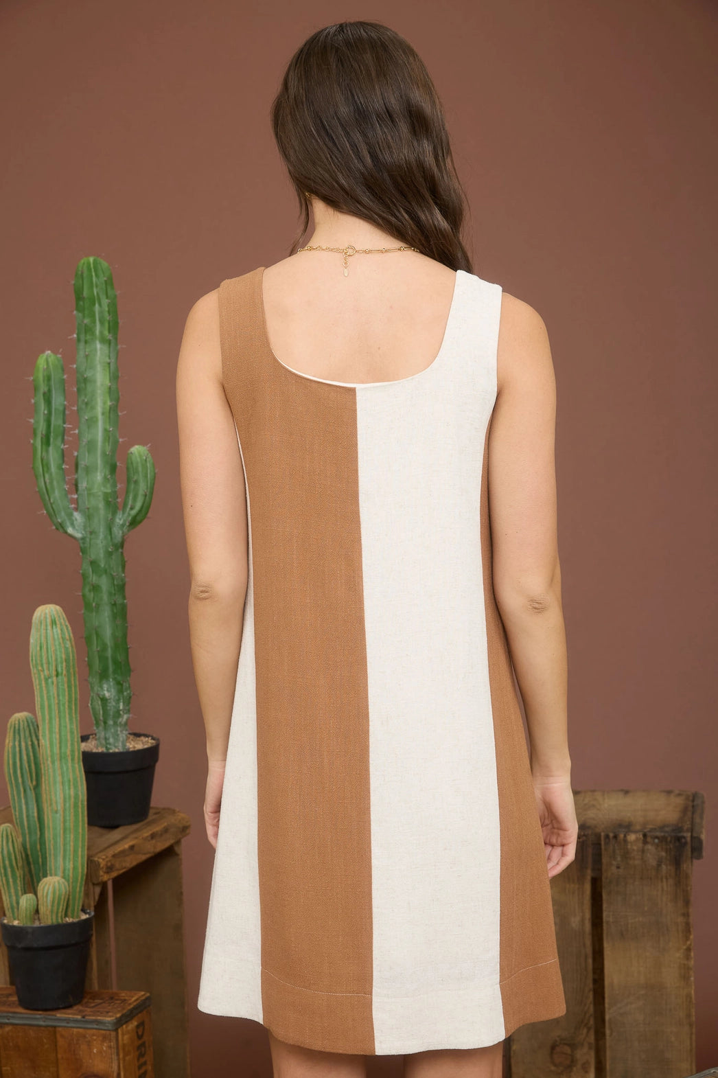 Brown And White Wide Stripe Sleeveless Linen Mini Dress