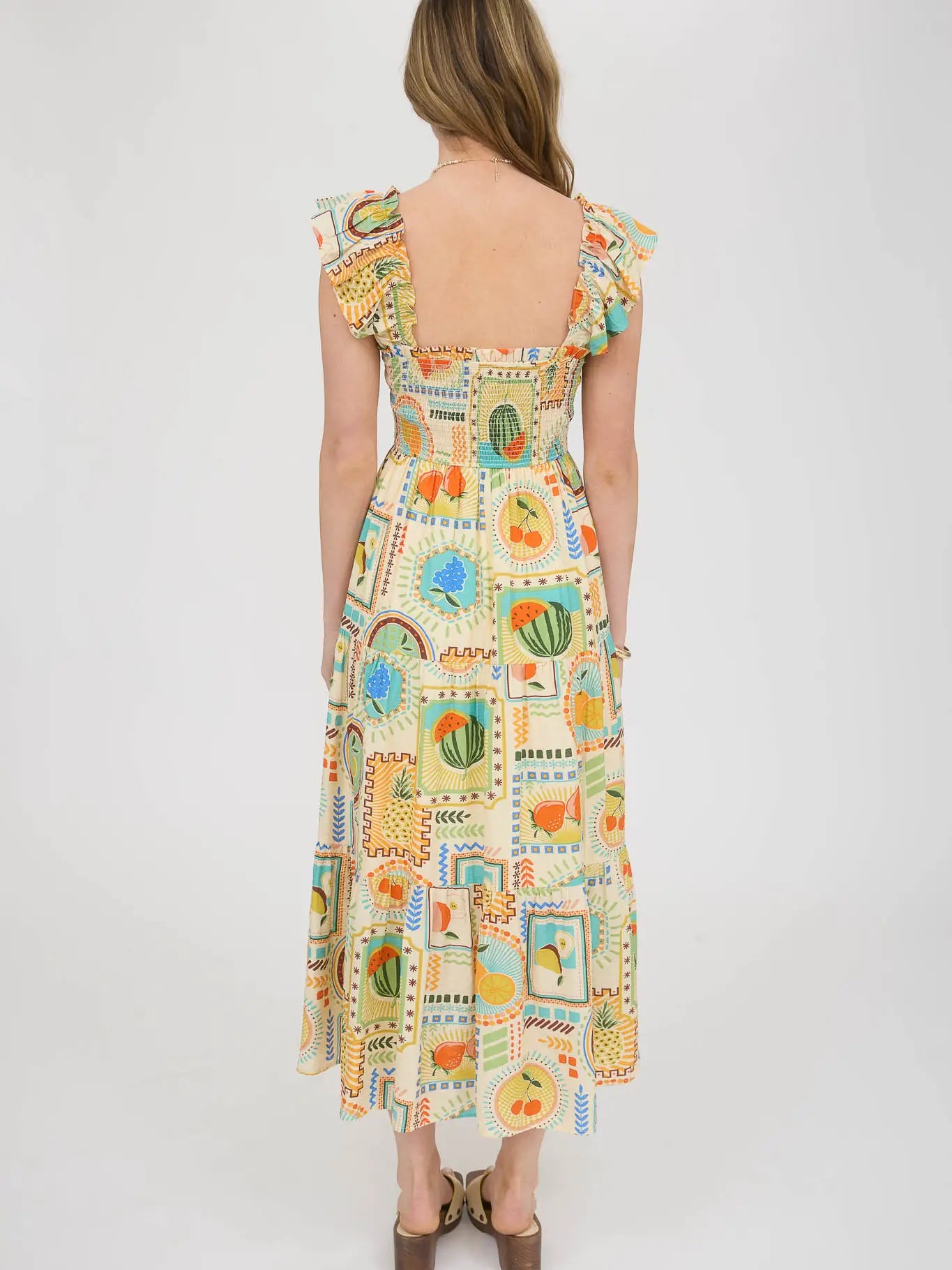 Multi Color Fruit Print Smocked Midi Dress